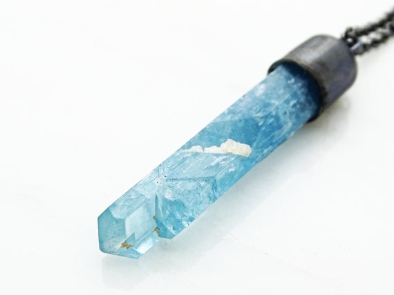 Real Aquamarine Pendant Black Silver 
