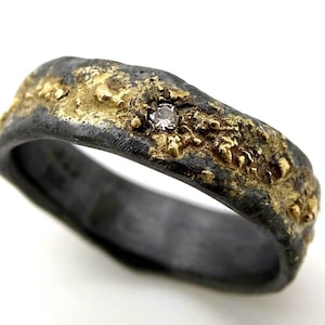 mens wedding ring in black silver and gold with diamond, rugged engagement ring, Viking wedding band diamond, rustic men&#39;s ring