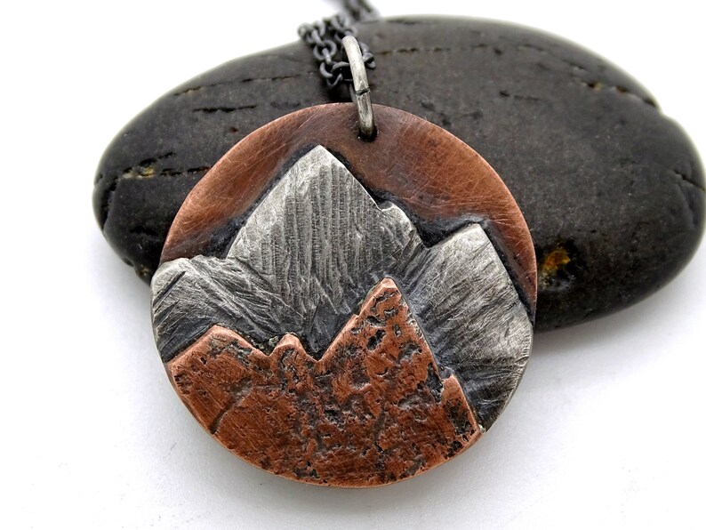 copper silver mountain range pendant cool mens necklace landscape amulet necklace for him mountain pendant for him outdoor jewelry