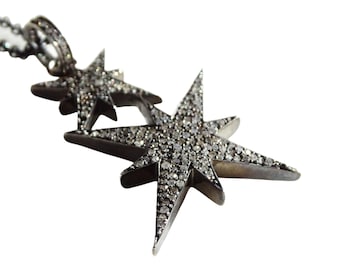 Diamond Star Pendant: Black Sterling Silver Double Star Necklace