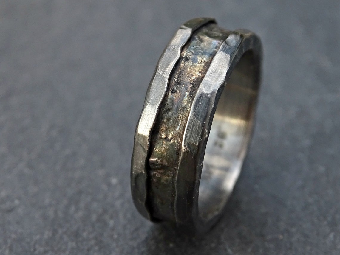 Viking wedding ring black gold mens wedding band rustic gold Etsy