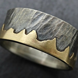 forged gold silver ring, mens wedding band gold silver, mens ring gold wedding ring black silver band, viking wedding ring, gift for men