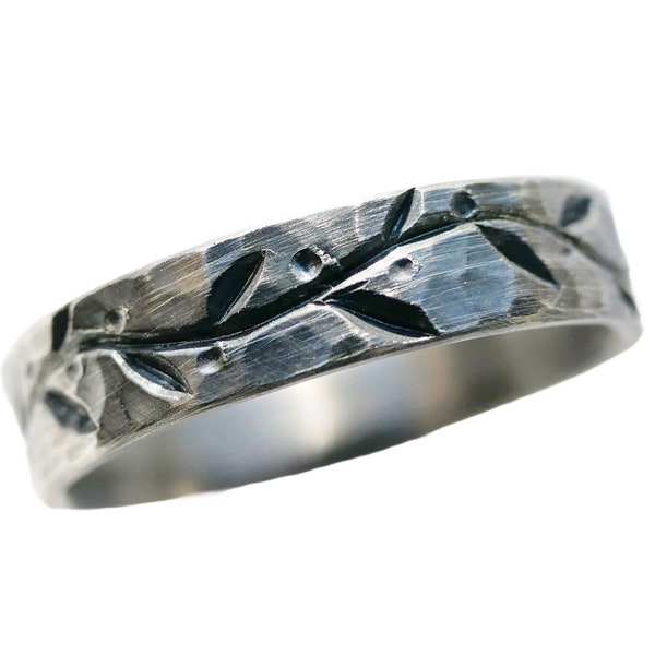 Hand Engraved Sterling Silver Leaf Vine Ring: Nature Wedding Band