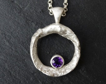 molten amethyst pendant silver, Viking amethyst necklace, rustic Celtic garnet necklace, unique gift for women, anniversary gift for him