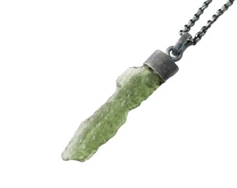 Raw Moldavite Pendant: Black Sterling Silver Meteorite Necklace