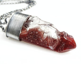 hematite quartz crystal pendant black silver, red quartz crystal necklace, uncut crystal necklace, crystal point pendant unique mens jewelry