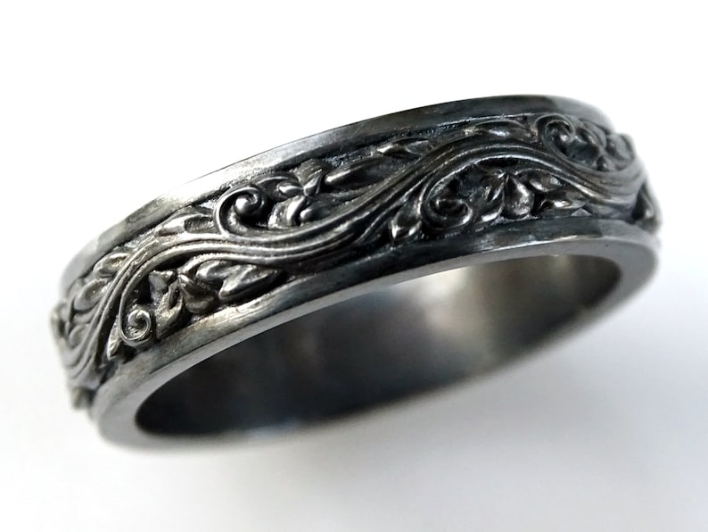 floral promise ring flower eternity ring gift for her floral engagement ring black flower ring pagan wedding ring black silver ring