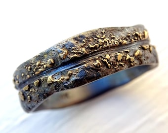 viking wedding band men, molten wedding ring gold silver, celtic wedding ring gold fusion ring, bold mens ring, organic wave ring