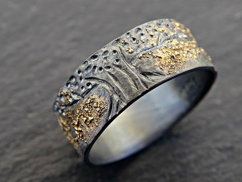 anillo único del árbol de la vida plata negra oro de 14k, anillo vikingo anillo Yggdrasil, anillo de bodas celta para hombres anillo de bodas oro fundido y plata imagen 6