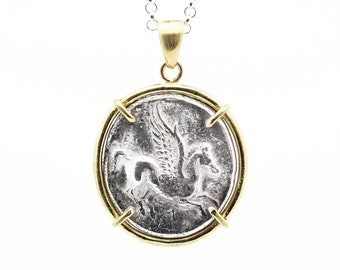 14k Gold Pegasus Coin Pendant: Ancient Greek Silver Athena Necklace