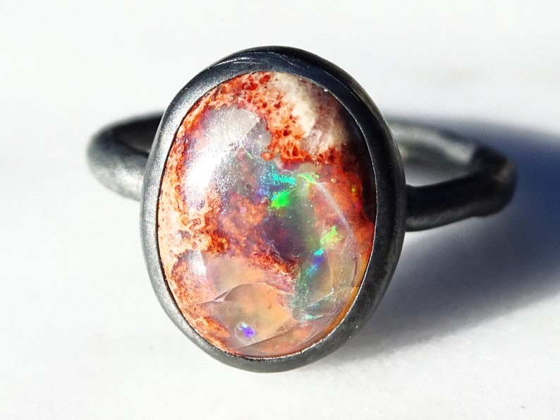 Fire Opal Ring Black Silver Fire Opal Engagement Ring Black Etsy