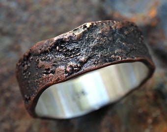 copper silver ring, unique mens ring copper, personalized mens ring copper wedding band for men, molten ring, promise ring wood structure