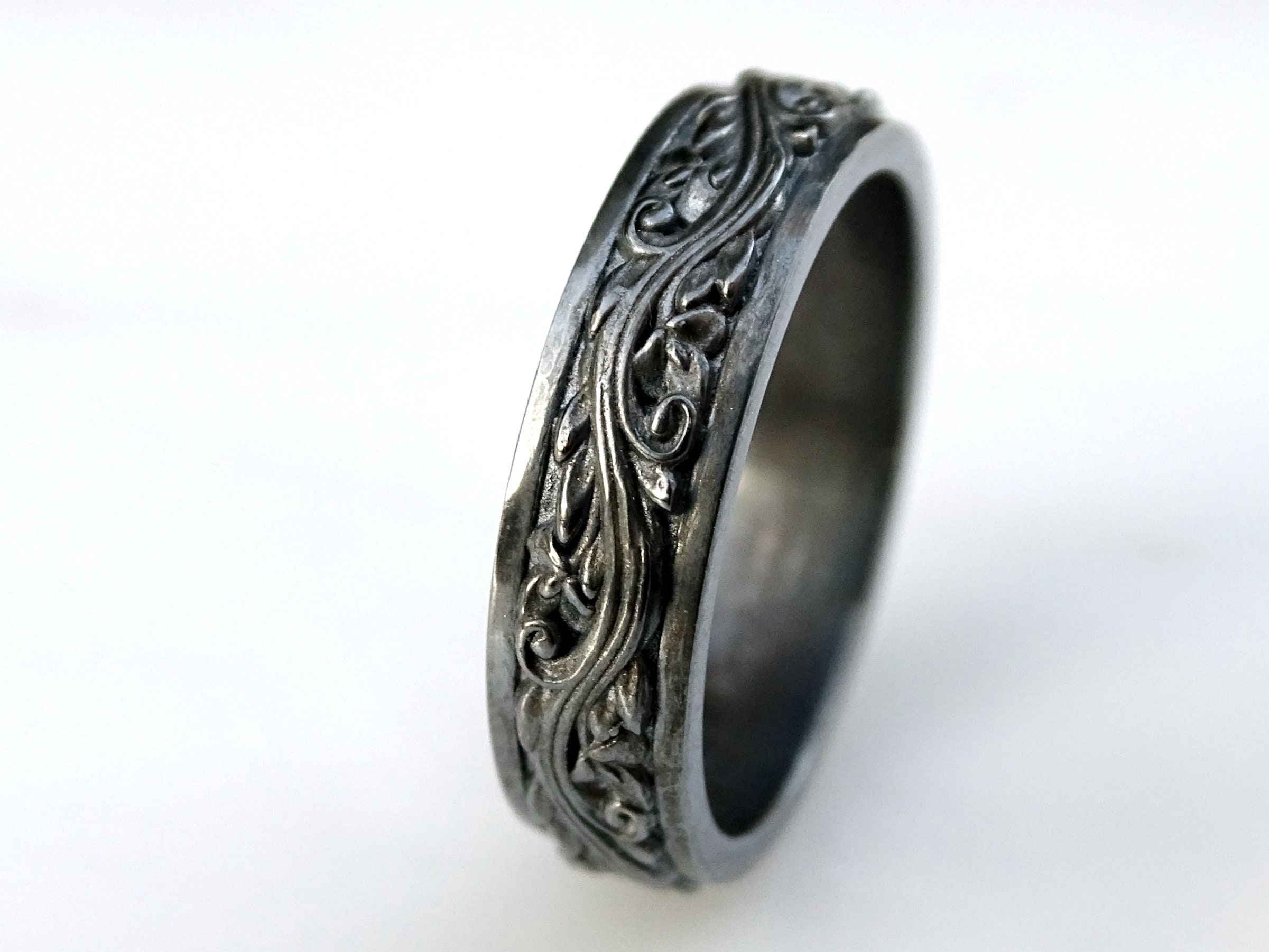 Floral engagement ring black flower ring pagan wedding ring Etsy