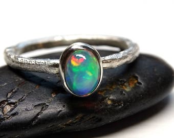 Welo Opal Engagement Ring: Sterling Silver Twig Band, October Birthstone