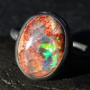 fire opal ring black silver, fire opal engagement ring, black silver opal ring, rainbow opal ring, unique gift for her Birthstone jewelry