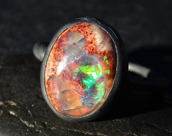 Mexican Fire Opal Ring: Black Sterling Silver, October Birthstone