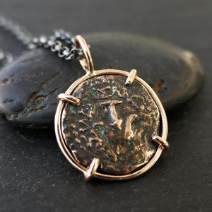 authentic widows mite coin pendant set in bronze, small bronze coin pendant, biblical coin pendant, Judaea coin necklace