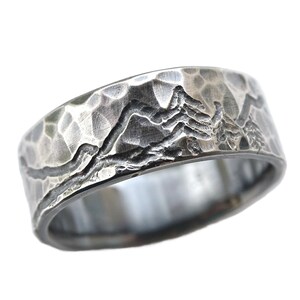 rustic mountain range ring, engraved landscape ring for him and her, outdoor wedding ring silver, man wedding band, custom mountain ring