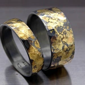 viking wedding ring set, matching wedding bands oxidized rings black gold, forged wedding rings, celtic wedding rings, bold wedding bands