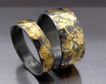 viking wedding ring set, matching wedding bands oxidized rings black gold, forged wedding rings, celtic wedding rings, bold wedding bands