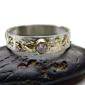 Verlobungsring Rohstein Diamant, Rohdiamant Ring Gold, Fusion Ring Gold Silber, Unikat Ehering, Vikinger Trauring, Naturdiamant