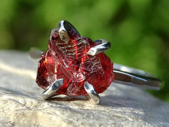 Raw Garnet Ring Silver Organic Stone Ring Silver Stacking Ring