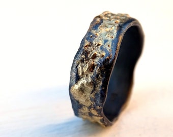 viking wedding ring black silver and gold, molten wedding band, galaxy wedding ring, organic mens ring, molten lava wedding ring for him