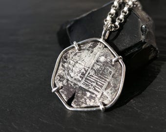 Silver Spanish Colonial Cob Coin Necklace: 2 Reales Treasure Coin Pendant Minted in 1603