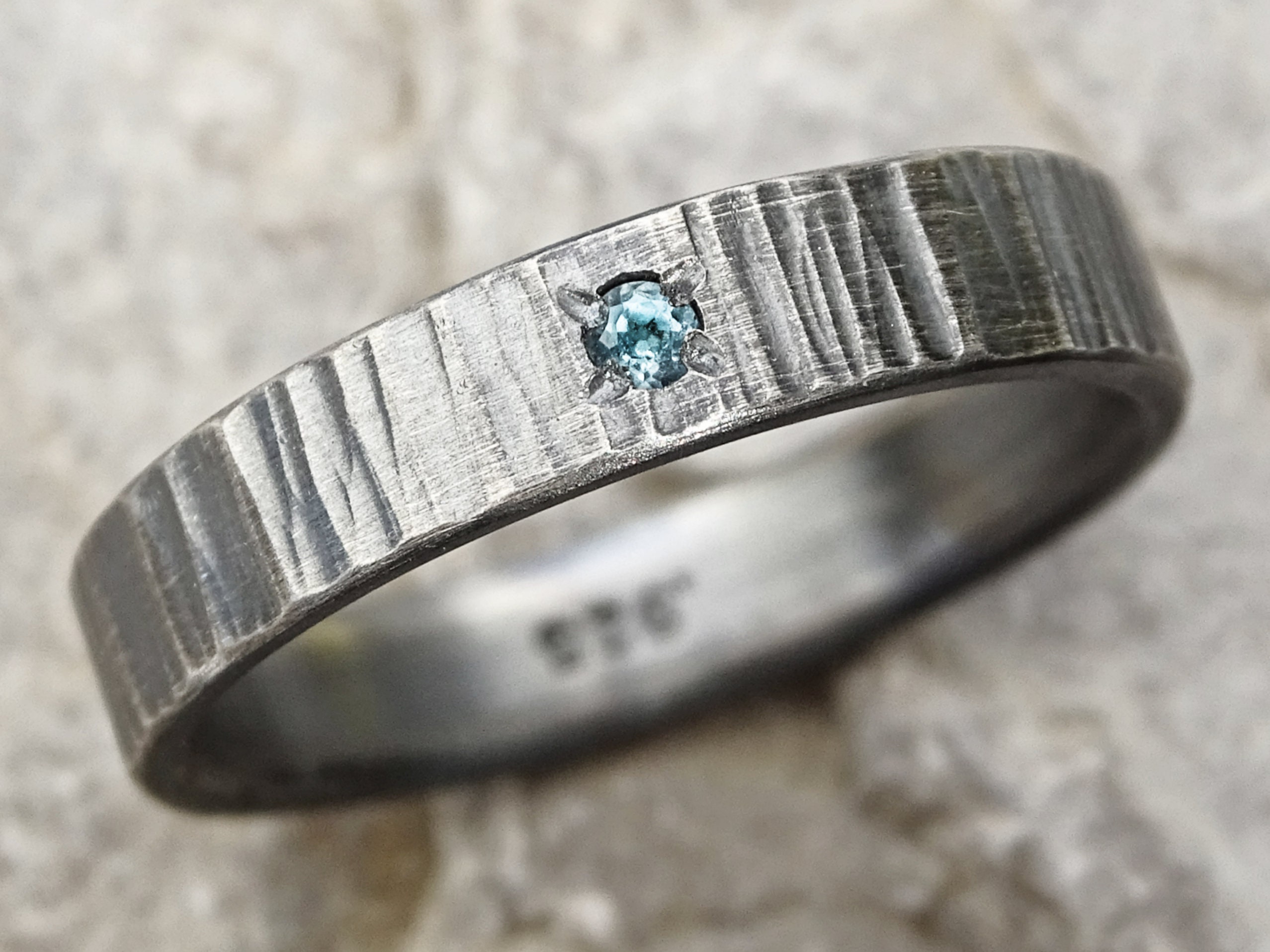 Silver Wedding Band Gemstone, Tree Bark Ring With Gem