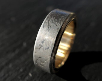 gold meteorite wedding band, meteorite ring with inside gold band, cool engagement ring, celestial ring asteroid ring, anniversary gift