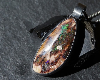 unique fire opal pendant black silver opal necklace, real opal necklace silver, unique gift for men, mens opal pendant, birthstone gift