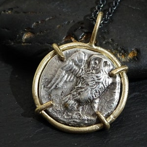 Owl of Athena coin pendant gold, ancient Owl of Athens coin necklace, real Greek coin pendant 14k gold owl pendant, owl necklace for her