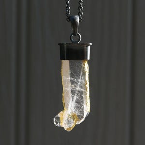 raw quartz pendant black silver, gold quartz crystal necklace, unique crystal necklace, mens crystal pendant, anniversary gift for her