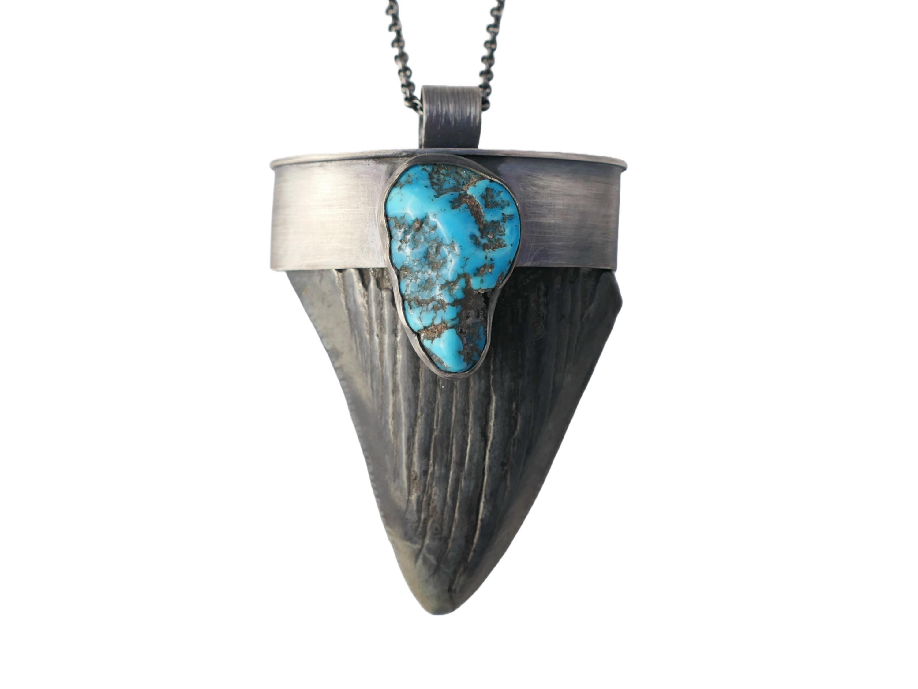Real Megalodon Tooth Necklace Large Shark Tooth Pendant in Dark Silver With Turquoise Nugget Unique Mens Gift Anniversary Gift for Him Etsy Norway