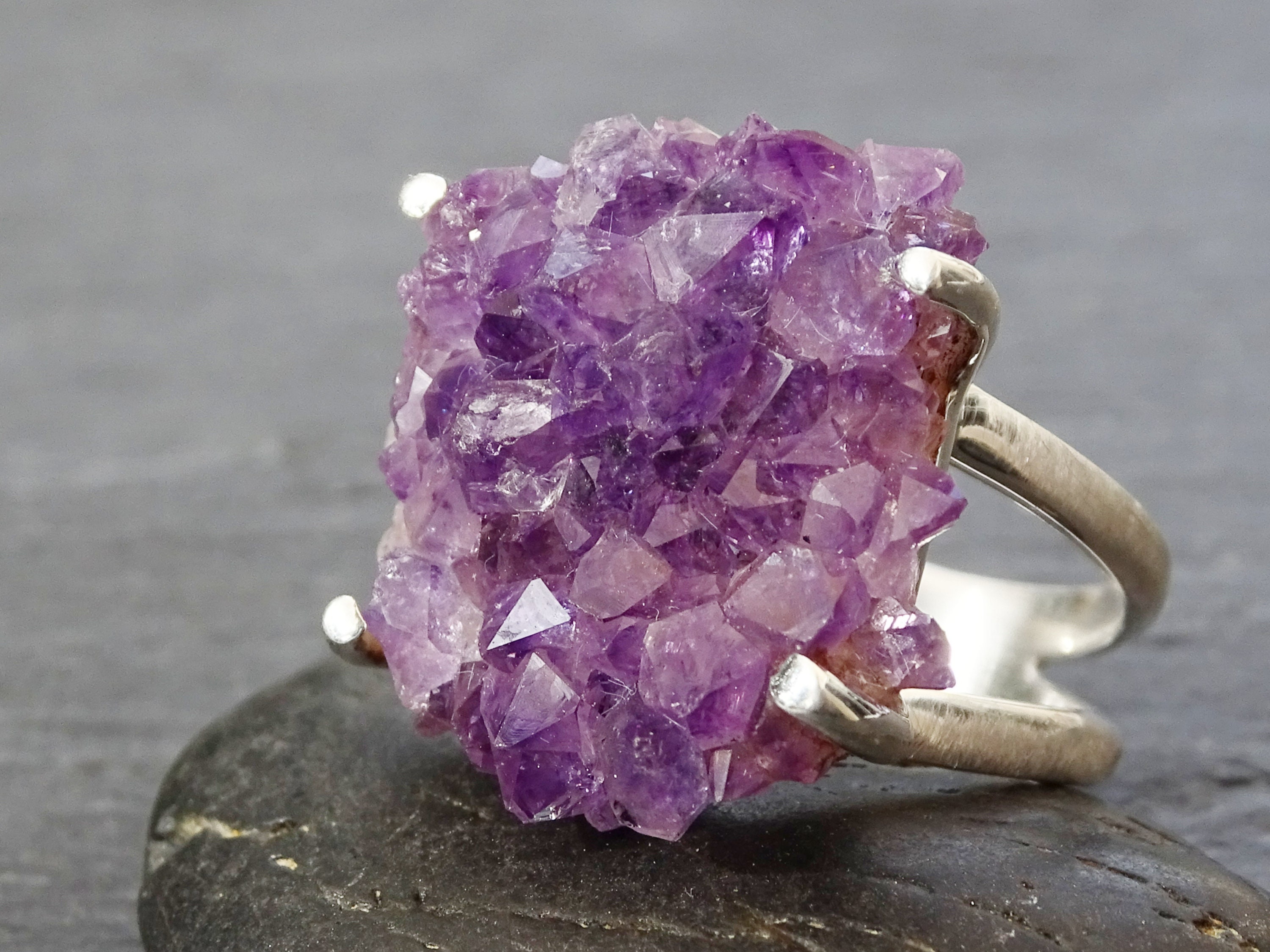Amethyst Crystal Ring Silver Amethyst Ring Crystal Cluster - Etsy UK