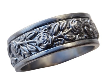 black silver floral ring, sculpted silver ring band, celtic engagement ring silver, nature wedding ring black silver, unique gift for her