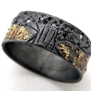 diamond wedding band with engraved Celtic tree of life ring black silver 14k gold, Viking ring Yggdrasil, men's wedding ring small diamonds