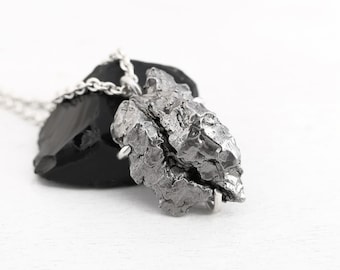 Colgante de meteorito de hierro grande: collar de plata de ley para hombre