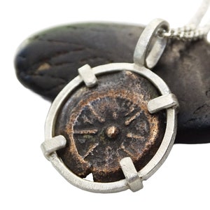 Ancient Widows Mite Coin Pendant: Sterling Silver Judaea Necklace
