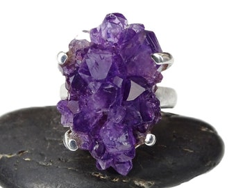 Amethyst crystal ring silver Amethyst ring, crystal cluster ring, unique womens gift, purple statement ring, raw amethyst ring for her