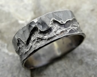 Rustic White Gold Mountain Ring: Engraved Wedding Band
