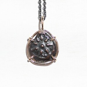 real widows mite coin pendant set in bronze, small bronze coin necklace, biblical coin necklace, Judaea coin pendant