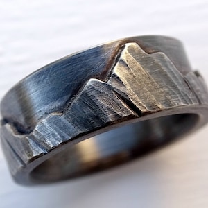 silver mountain range ring black silver, outdoor wedding ring silver promise ring, landscape ring, nature wedding band, mountain ring men