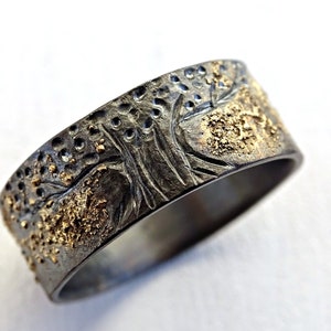 unique tree of life ring black silver 14k gold, viking ring Yggdrasil ring, celtic wedding band mens wedding ring molten gold and silver