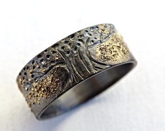 unique tree of life ring black silver 14k gold, viking ring Yggdrasil ring, celtic wedding band mens wedding ring molten gold and silver