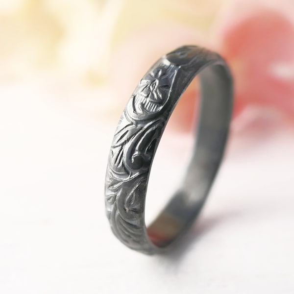 Oxidized Sterling Silver Flower Ring: Medieval Wedding Band