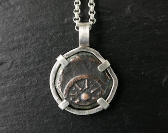 Widows Mite Prutah Coin, Silver Toggle Necklace With Garnets