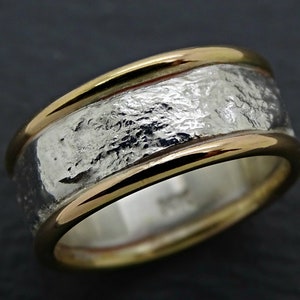 mens wedding ring gold silver band, cool wedding band for men, fine silver gold ring, mens viking ring, mens engagement ring, gift for him image 1