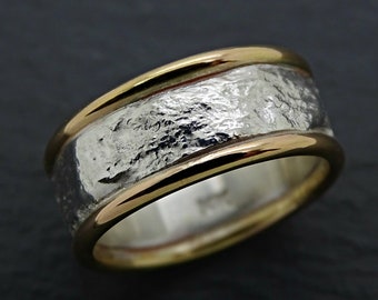 mens wedding ring gold silver band, cool wedding band for men, fine silver gold ring, mens viking ring, mens engagement ring, gift for him