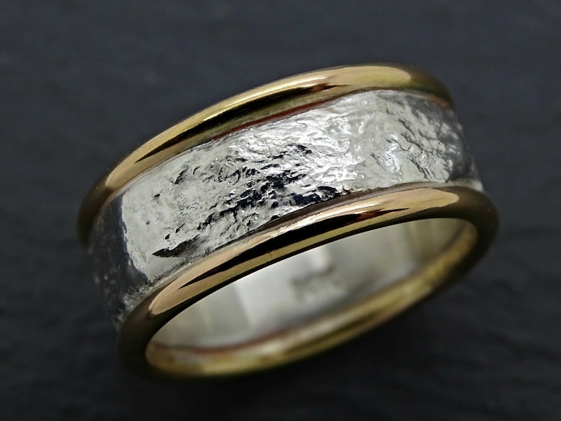 mens wedding ring gold silver band, cool wedding band for men, fine silver gold ring, mens viking ring, mens engagement ring, gift for him image 1